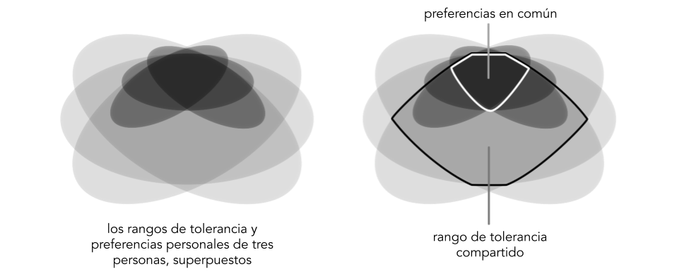 La superposición de las preferencias personales y el rango de tolerancia de las personas en la toma de decisiones por consentimiento.