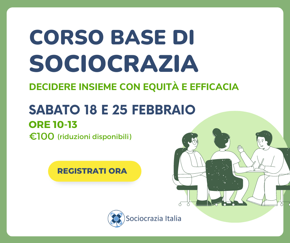 Locandina dell'evento corso base di sociocrazia in italiano.