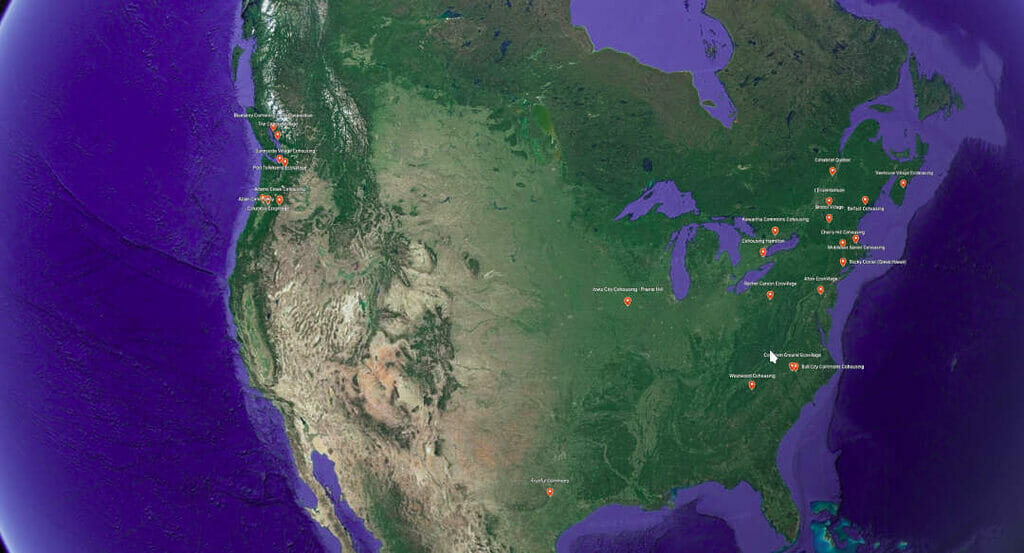 A google earth view of our map of sociocratic communities in north america